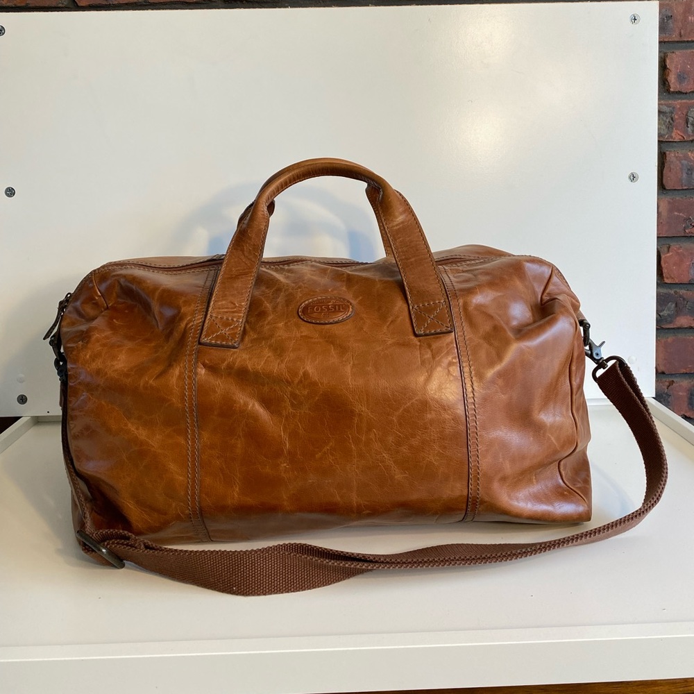 SOLD on Facebook - Fossil Authentic Brown Leather XL Weekender Bag / Duffel Bag